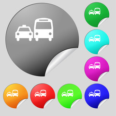 taxi icon sign. Set of eight multi colored round buttons, stickers. 