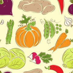 Vegetables seamless pattern. Vegetables Colorful background. Beets, potatoes, asparagus, garlic, pumpkin, green peas, carrots, cabbage, radish, hot pepper chili 