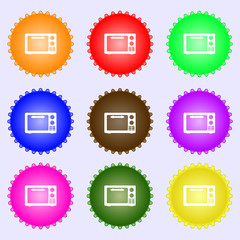 Microwave oven sign icon. Kitchen electric stove symbol. A set of nine different colored labels. 