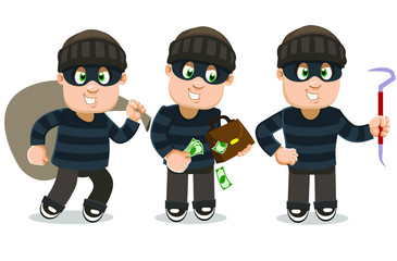 Different moments of robber`s in black eye mask average day. Burglar, thief going with bagful, stealing money from briefcase, standing and keeping lock picker. Cartoon vector set on white.