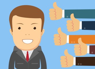 Smiling happy young man surrounded by hands with thumbs up. Concept of public approval, acknowledgment, recognition, acceptance and appreciation. Colorful vector illustration in flat cartoon style