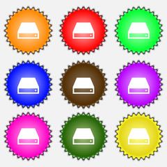 CD-ROM icon sign. A set of nine different colored labels. 