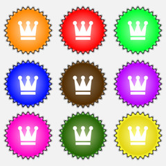 King, Crown icon sign. A set of nine different colored labels. 
