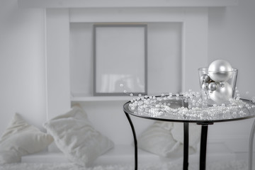 Table background of free space and chrsitmas time.Home interior and white wall 