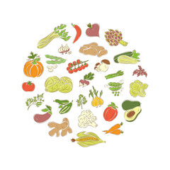 Vegetables vector set. Vegetables icons. Circle or round shaped set.