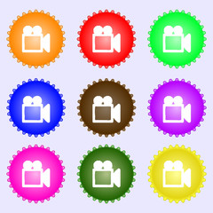 camcorder icon sign. A set of nine different colored labels. 