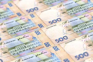 Money of Ukraine. Several Ukrainian hryvnia banknotes. UAH. Hryvnia 500