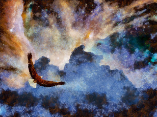 Freedom. Eagle flies in vivid clouds