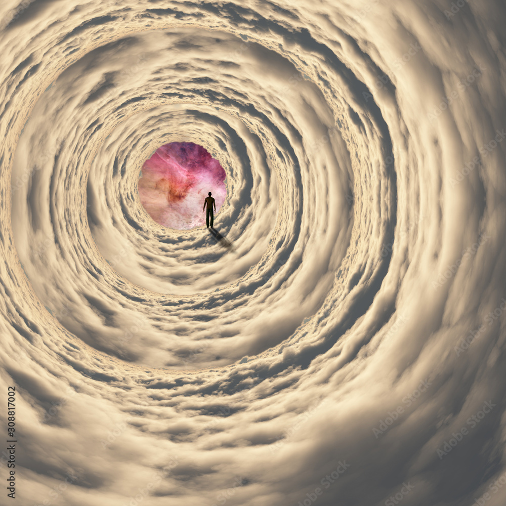 Poster man walking in cloudy space tunnel