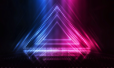 Futuristic abstract blue and pink neon background, luminous geometric figure in the center. Abstract light, rays and lines. Empty night scene.