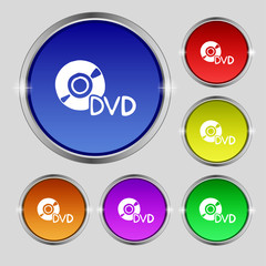 dvd icon sign. Round symbol on bright colourful buttons. 