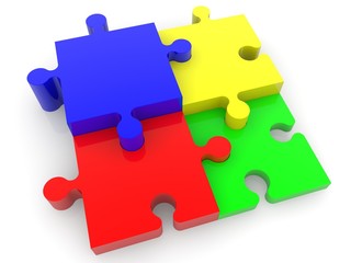 Red, blue, yellow and green puzzle on a white background