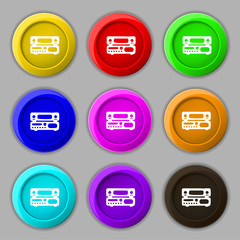 radio, receiver, amplifier icon sign. symbol on nine round colourful buttons. 