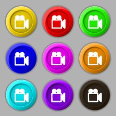 camcorder icon sign. symbol on nine round colourful buttons. 