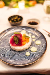 Plating ahi tuna and carrot dish
