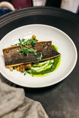 Trout Over Autumn Squash and Brussels sprouts