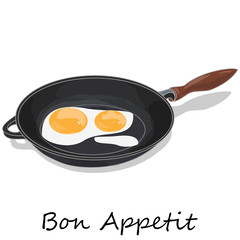 Fried egg. Close up view of the fried egg on a frying pan. Vector illustration of food on cast iron pan and white background.