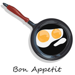 Fried egg. Close up view of the fried egg on a frying pan. Vector illustration of food on cast iron pan and white background.