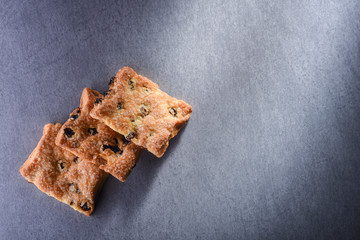cookies with raisins, sprinkled with sugar, top view