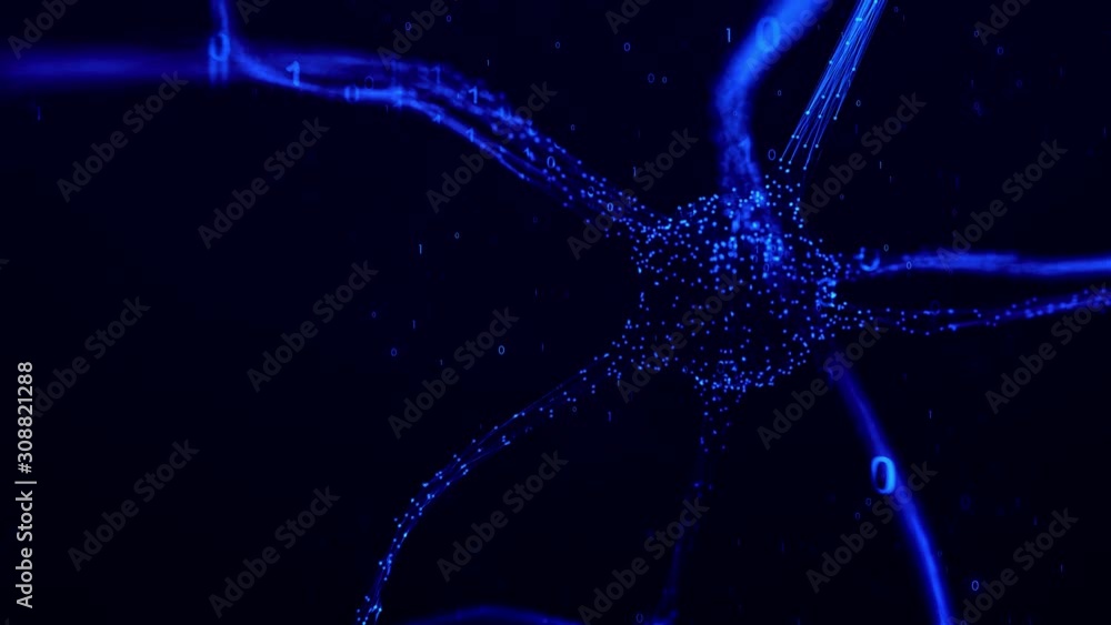 Poster abstract blue colored neuron cell in the brain on dark copy space animation background. selective fo