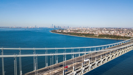 Fototapeta premium Aerial view footage of the Verrazano Bridge NY