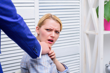 dont touch me. woman office secretary suffer sexual harassment. Disrespect. Boss man unacceptable...