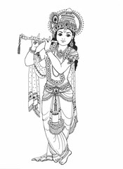 God Krishna is a beautiful young man playing the flute, this is a black line drawing on a white background.