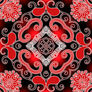 Greek vector seamless pattern. Arabesque style floral colorful background. Ethnic repeat glowing backdrop. Greek key meanders ornament with red abstract shapes, lines, vintage Paisley flowers, swirls
