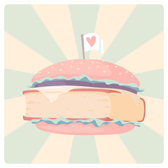 Digital illustration of burger with book instead of meat. Not traditional colors. 
