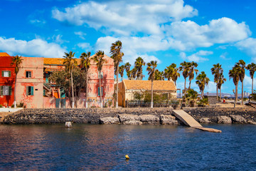 View to historic city at the Goree island in Dakar, Senegal. It is small island near Dakar. It was was the largest slave trade center on the African coast. - obrazy, fototapety, plakaty