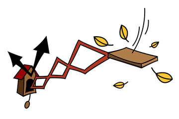 Cuckoo Clock Escaping Bird leaving fast path of freedom with falling feathers.