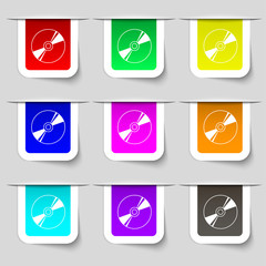 Cd, DVD, compact disk, blue ray icon sign. Set of multicolored modern labels for your design. 