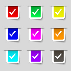 Check mark, tik icon sign. Set of multicolored modern labels for your design. 