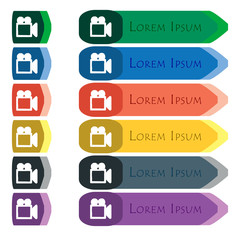camcorder icon sign. Set of colorful, bright long buttons with additional small modules. Flat design