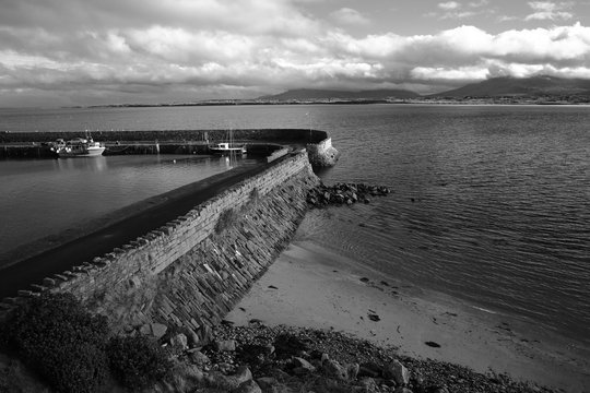 A black and white shot of Mullaghmore harbour in County Sligo, Ireland