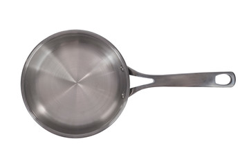 Stainless steel pan on a white background. Top view. Close-up.