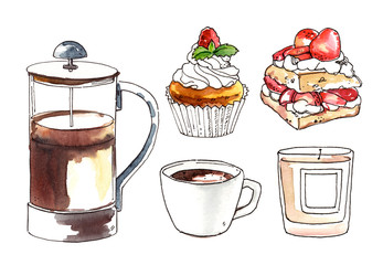 Watercolor hand painted sweet dessert cake and coffee cup illustration isolated on white background