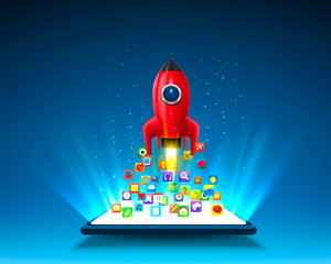 Mobile icons app rocket on the light background.