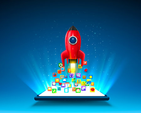 Mobile icons app rocket on the light background.