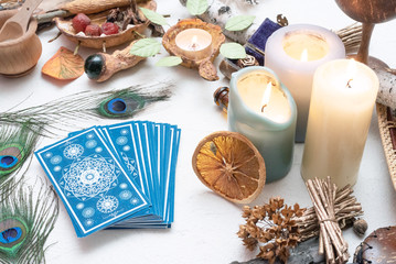Tarot cards deck on white table background. Future reading.