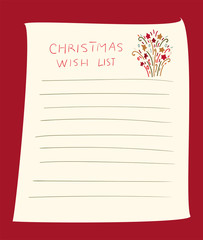 Christmas wish list page template. Hand drawn graphic for Christmas. Vector illustration