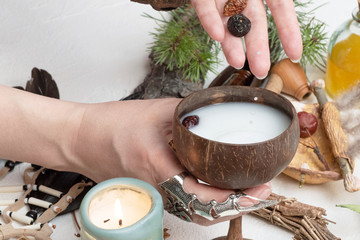 Witch doctor preparing a magic potion concept. Witchcraft.