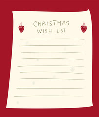 Christmas wish list page template. Hand drawn graphic for Christmas. Vector illustration