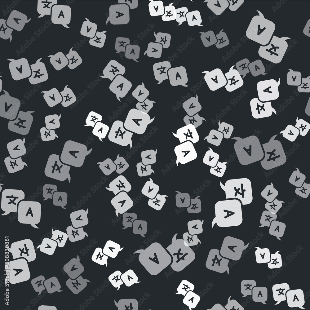 Poster grey translator icon isolated seamless pattern on black background. foreign language conversation ic