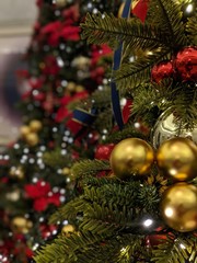 Christmas design - Merry Christmas. Xmas wreath card with with copyspace on wooden background. Christmas ornaments on wood with candy and ribbons. Christmas background for greeting card