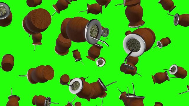 Rain of Calabash with bombilla and yerba mate in a bowl falling on green screen background. Close up view. Argentine and Uruguay culture. Tradition concept. 4k Animation