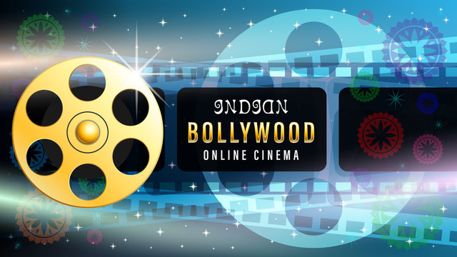 Bollywood indian web banner, film strip frame, gold metal movie reel, light effects, silhouette of a movie projector on dark blue starry sky. Realistic 3d vector illustration.