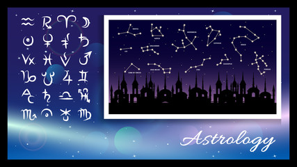 astrology signs, symbols on a light effect and dark blue background, constellation on a old city and night starry sky background. Vector illustration. © Tikofff