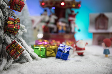 Traditional holiday attributes on snow. Creative artwork decorations. Empty space for your text