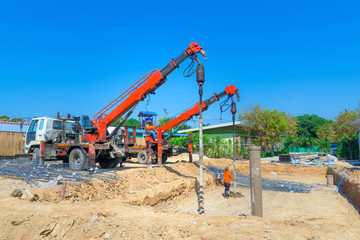 Drilling rigs for the construction of building foundations. construction work. Drilling pile foundations under the ground.